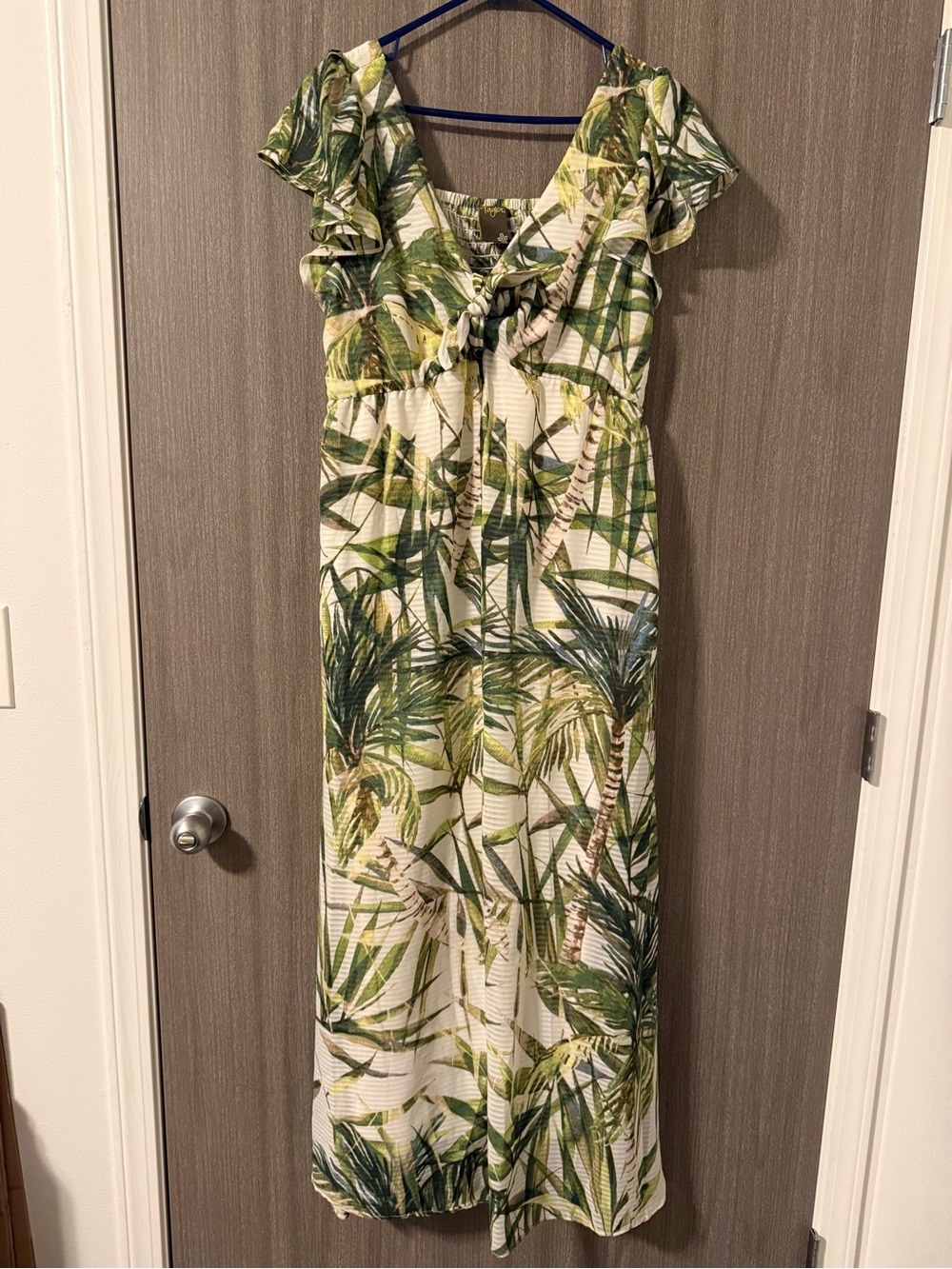 Taylor Green Palm-Print Maxi Dress with Ruffle Shoulders